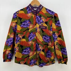 Vintage Chinese Blouse Button Shirt Floral Colorful Traditional Design Large
